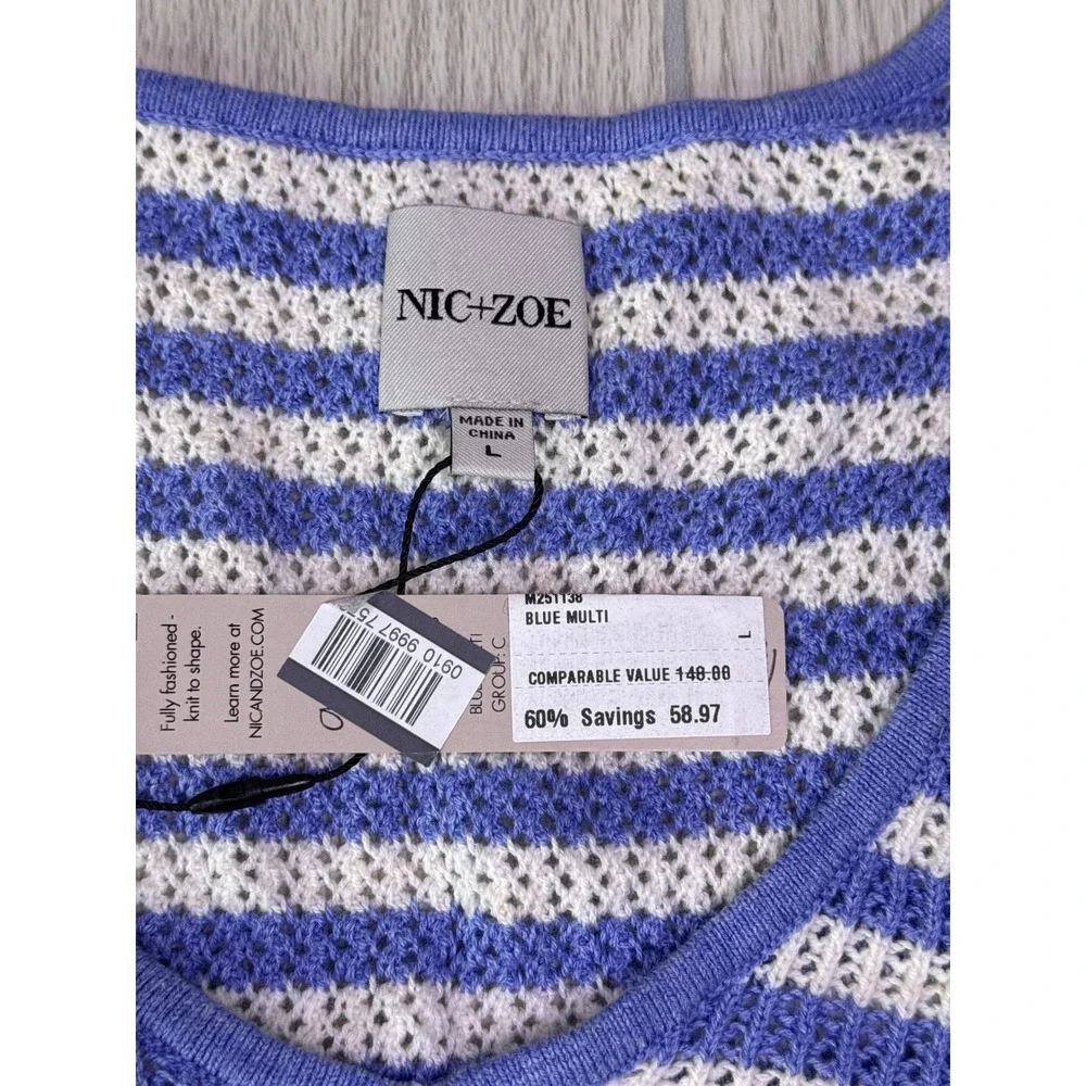 Nic+Zoe Blue Multi Striped Open Knit Scoop Neck Sweater NEW With Tags